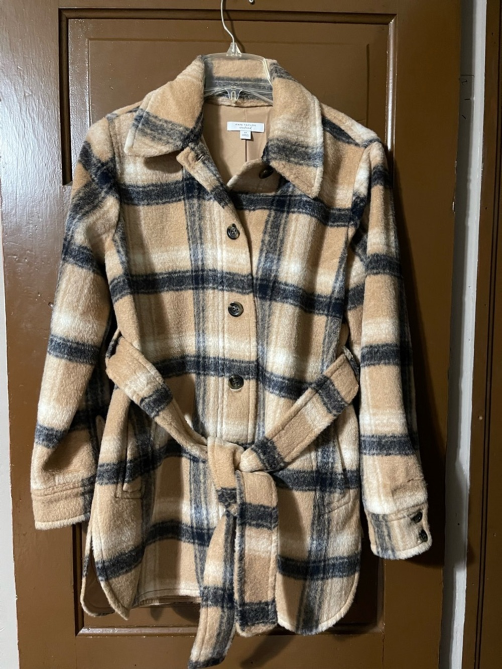 Ann Taylor Camel and Black Plaid Belted Jacket